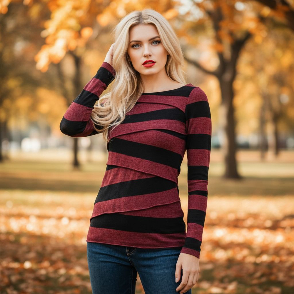 Venus Small Red Black Stripe Layered Long Sleeve Top - Picture 1 of 7